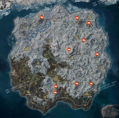 PUBG维寒迪密室熊洞撬棍房载具滑翔机位置高清地图